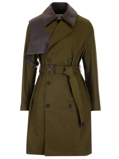 Shop Loewe Military Green Cotton Double Breasted Trench Coat