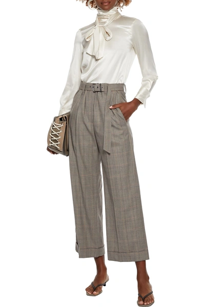 Shop Brunello Cucinelli Cropped Belted Prince Of Wales Checked Wool Wide-leg Pants In Taupe