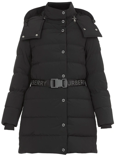 Shop Burberry Logo Belted Hooded Puffer Jacket In Black