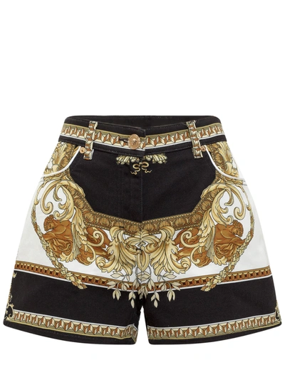 Shop Versace Printed Denim Shorts In Multi