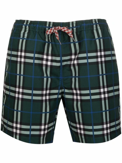 Shop Burberry Forest Green Check-print Swim Shorts