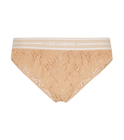 Shop Dolce & Gabbana Logo Lace Briefs In Beige