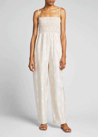 Shop Rebecca Taylor Smocked Cotton Sleeveless Jumpsuit In Marzipan Combo