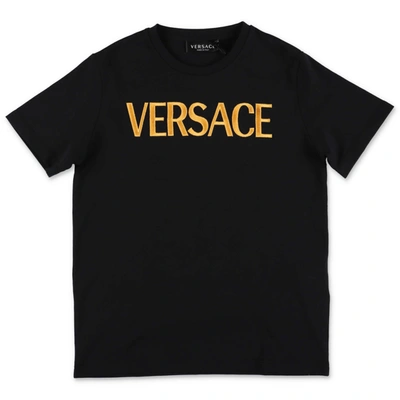 Shop Versace Young  T-shirt Nera In Jersey Di Cotone In Nero