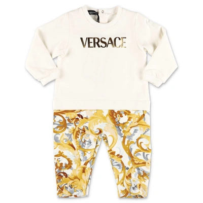 Shop Versace Young  Tutina Beige E Stampa Barocca Effetto Due Pezzi