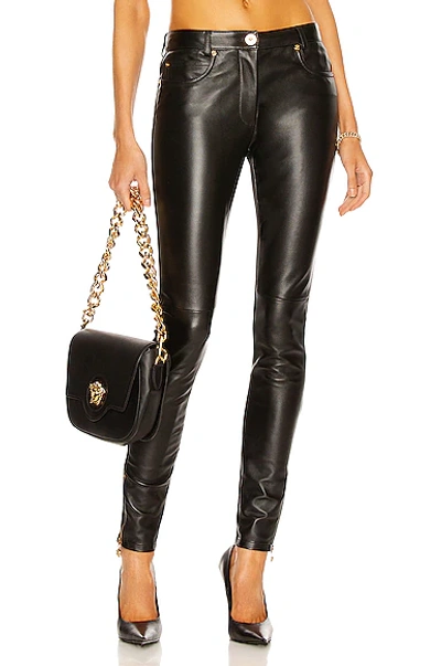 Shop Versace Leather Skinny Pant In Nero