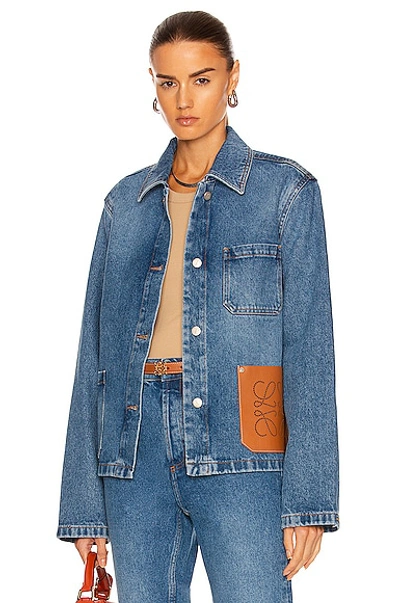 Loewe Anagram Leather-trimmed Denim Jacket In Blue