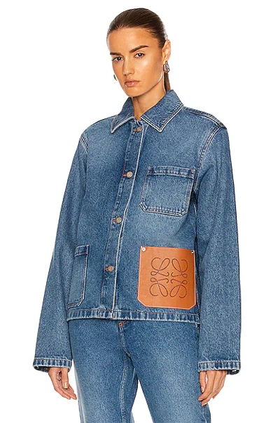 Loewe Anagram Leather-trimmed Denim Jacket In Blue