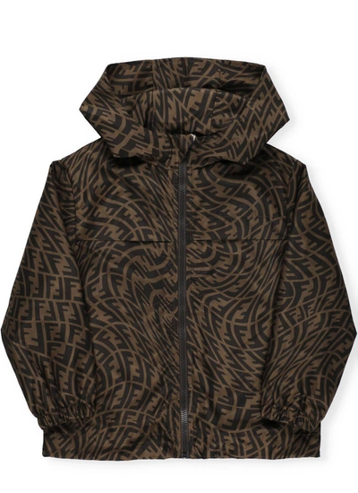 Shop Fendi Kids Ff Vertigo Hooded Jacket In Brown