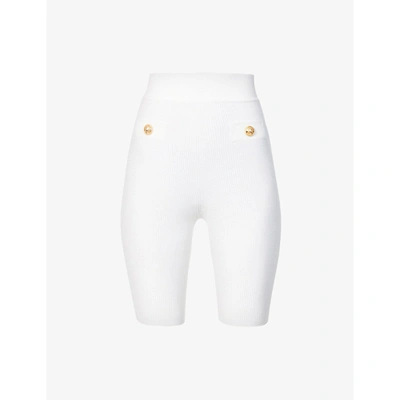 Shop Balmain Womens Blanc Button-embellished High-rise Knitted Shorts 8