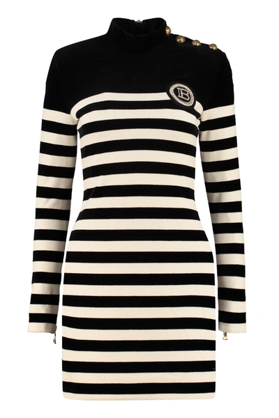 Shop Balmain Logo Detailed Striped Dress In Multi