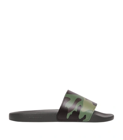 Shop Burberry Camouflage Print Slides In Green