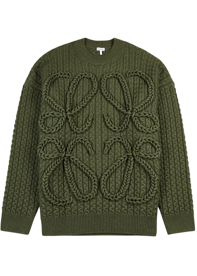 Shop Loewe Army Green Cable-knit Wool Jumper In Khaki