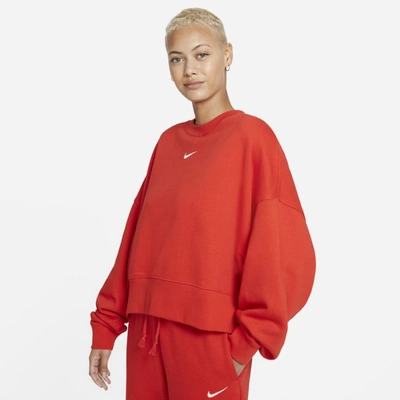 Shop Nike Sportswear Collection Essentials Women's Oversized Fleece Crew In Chile Red,white