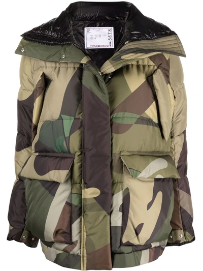 Shop Sacai X Kaws Camouflage-print Puffer Jacket In Green