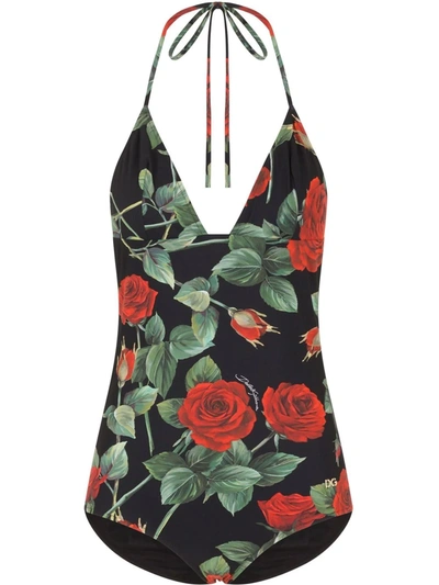 Shop Dolce & Gabbana Rose-print One-piece Swimsuit In Schwarz