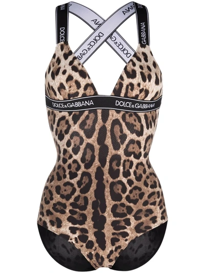 Shop Dolce & Gabbana Leopard-print Logo-strap Swimsuit In Nude