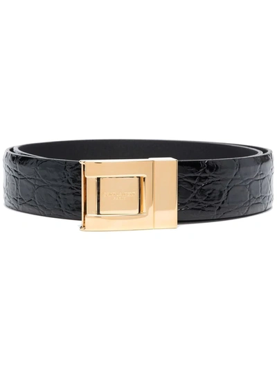 Shop Saint Laurent Crocodile-effect Patent Leather Belt In Schwarz