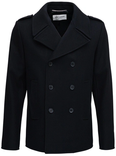 Shop Saint Laurent Double Breasted Pea Coat In Black