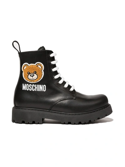 Shop Moschino Teddy Patch Lace-up Boots In Black