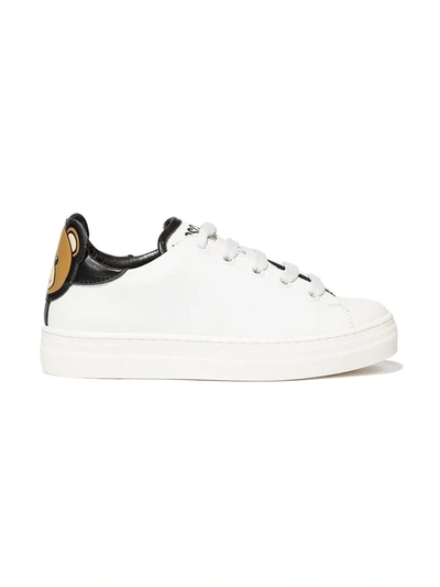 Shop Moschino Teddy Logo Leather Sneakers In White