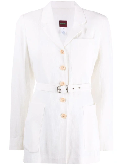 Pre-owned Kenzo Notched Lapels Belted Coat In White