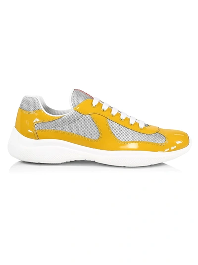 Shop Prada Men's America's Cup Patent Leather & Technical Fabric Sneakers In Gold Argento
