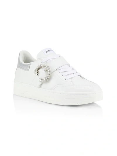 Shop Jimmy Choo Osaka Leather Embellished Lace-up Trainers In White Silver