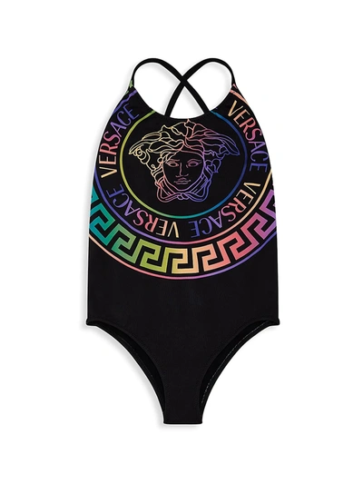 Shop Versace Little Girl's & Girl's Holographic Barocco One-piece Swimsuit In Black Multi