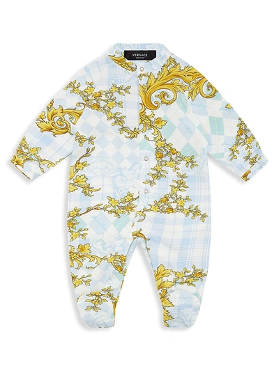 Shop Versace Baby's Baroque & Argyle Print Jersey-knit Footie In Blue Gold