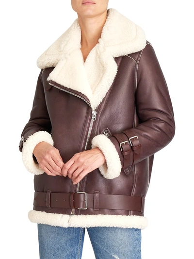 Shop Acne Studios Oversized Shearling Biker Jacket In Burgundy White