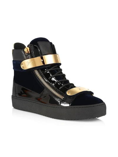 Shop Giuseppe Zanotti Men's Double-bar Leather High-top Sneakers In Navy