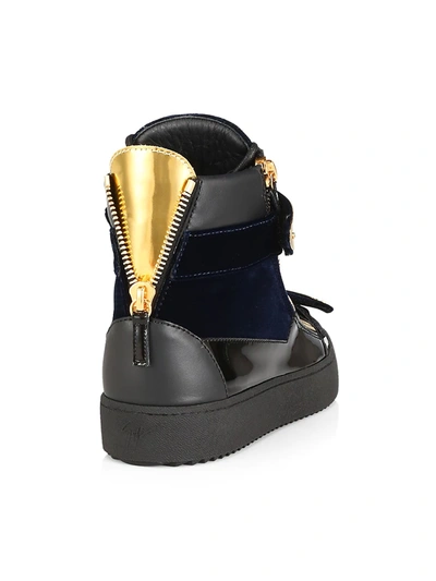 Shop Giuseppe Zanotti Men's Double-bar Leather High-top Sneakers In Navy