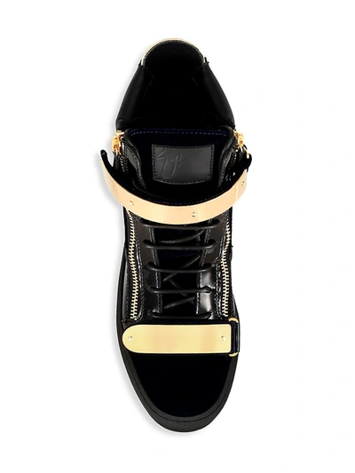 Shop Giuseppe Zanotti Men's Double-bar Leather High-top Sneakers In Navy