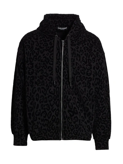 Shop Dolce & Gabbana Men's Leopard-print Flocked Zip Hoodie In Nero