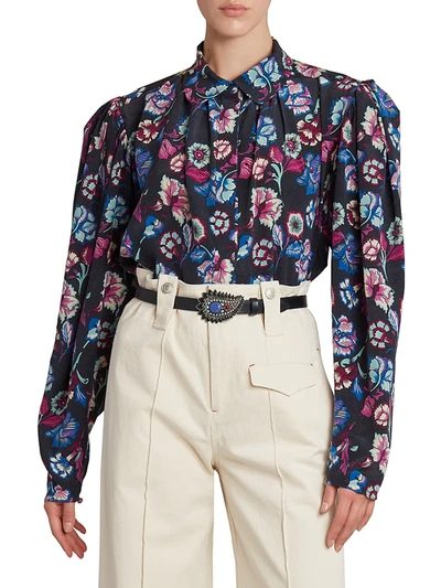 Shop Isabel Marant Valentine Floral Silk Blouse In Faded Night