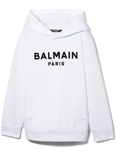 Shop Balmain Teen Logo-print Cotton Hoodie In White