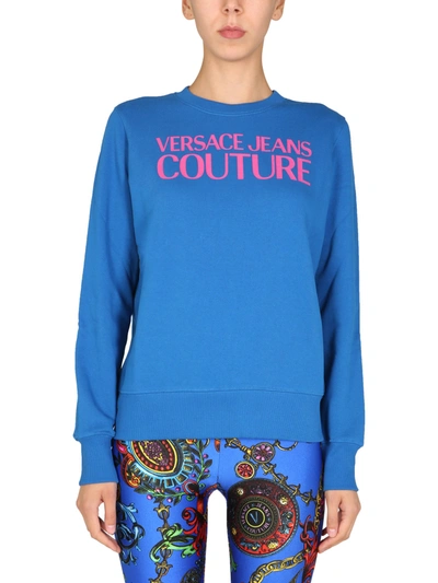 Shop Versace Jeans Couture Sweatshirt With Logo Print In Blu