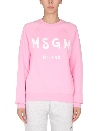 Shop Msgm Sweatshirt With Brushed Logo Print In Rosa