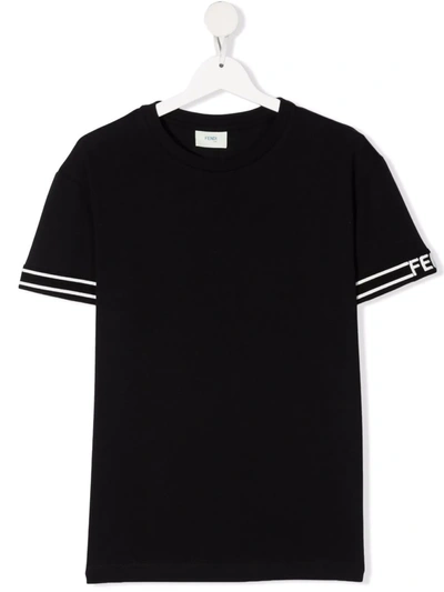 Shop Fendi Teen Stripe-logo Trim Cotton T-shirt In Black