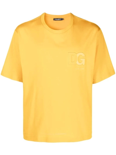 Shop Dolce & Gabbana Logo-embossed Cotton T-shirt In Yellow