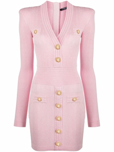 Shop Balmain Button-embellished Knitted Dress In Pink