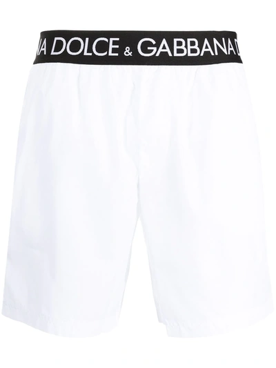 Dolce & Gabbana Mid-length Swim Trunks With Branded Stretch Waistband In White
