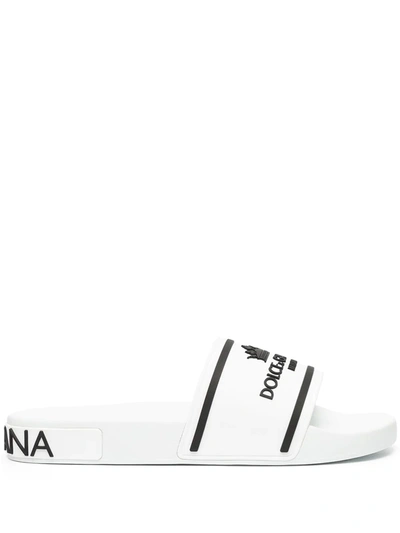 Shop Dolce & Gabbana Logo-print Flat Slides In White