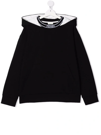Shop Fendi Teen Logo-collar Cotton Hoodie In Black
