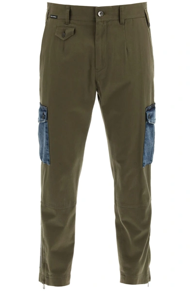 Shop Dolce & Gabbana Cargo Trousers With Denim Details In Verde Salvia Scuro (green)