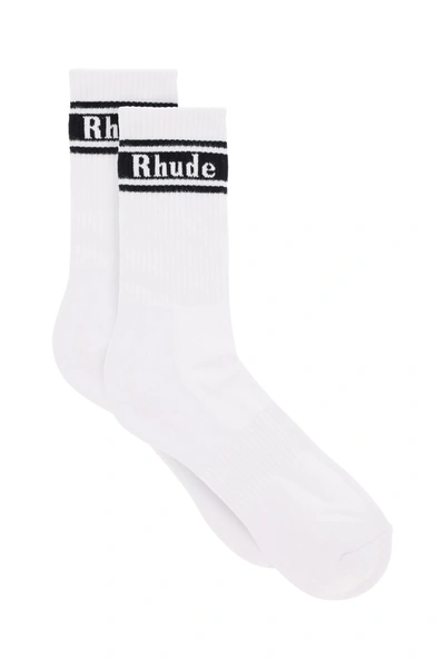 Shop Rhude Socks With Logo In White Black (white)