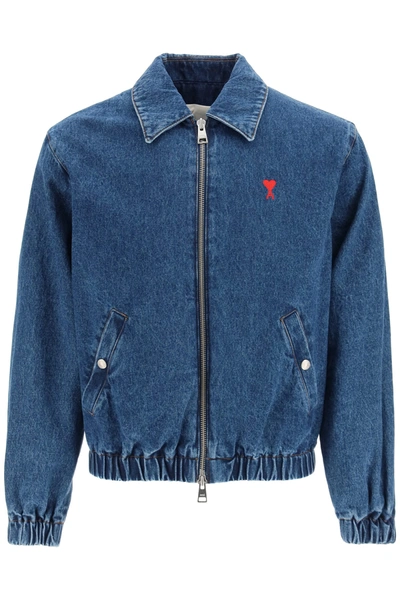 Shop Ami Alexandre Mattiussi Ami De Coeur Denim Bomber Jacket In Used Blue (blue)