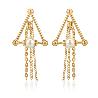 Shop Burberry Faux Pearl And Triangle Gold-plated Drop Earrings In Gold Tone,yellow