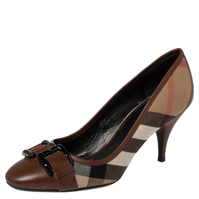 Pre-owned Burberry Brown/beige Nova Check Coated Canvas And Leather Buckle Round Toe Pumps Size 38
